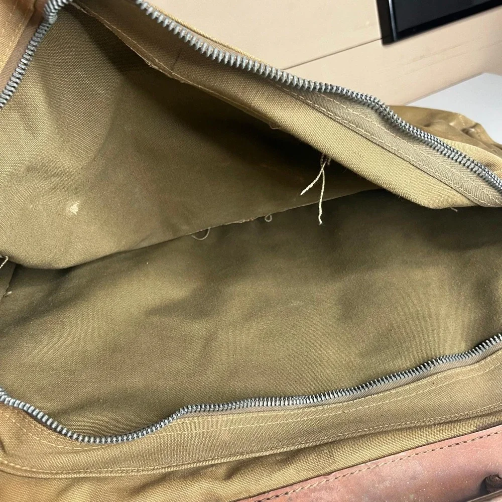 Vintage Military Canvas Garment Bag Khaki Travel Suitcase Leather Distressed